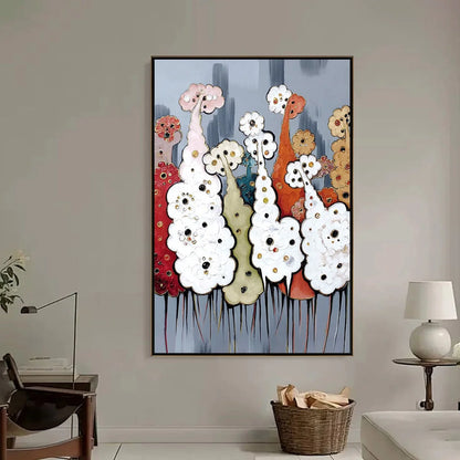 DREAMWOOD GROVE: Whimsical Abstract Forest Textured Impasto Painting | black frame version on white wall