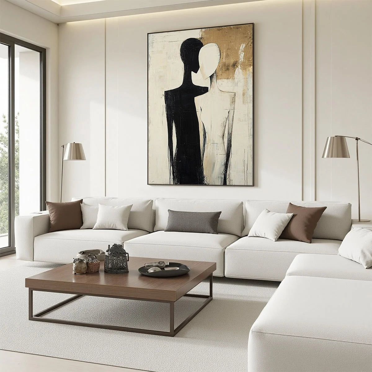 DUALITY: Abstract Figurative Textured Oil Painting | gold frame stretched on neutral wall