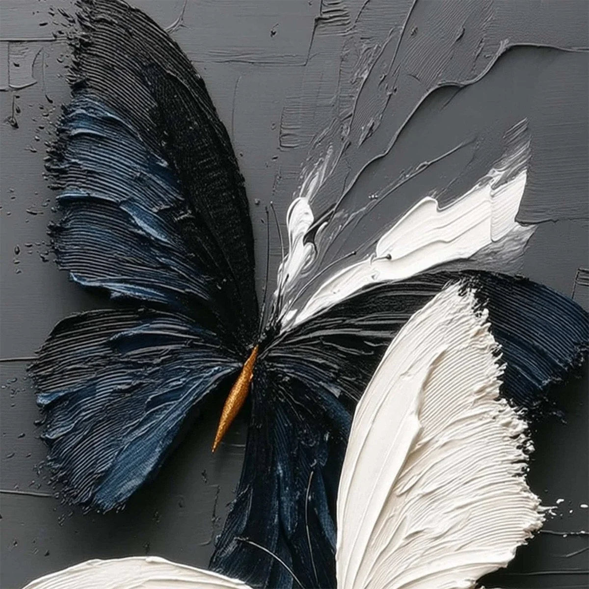 DUALITY: Textured Impasto Black and White Butterfly Painting | rectangular format, hand-painted canvas edge