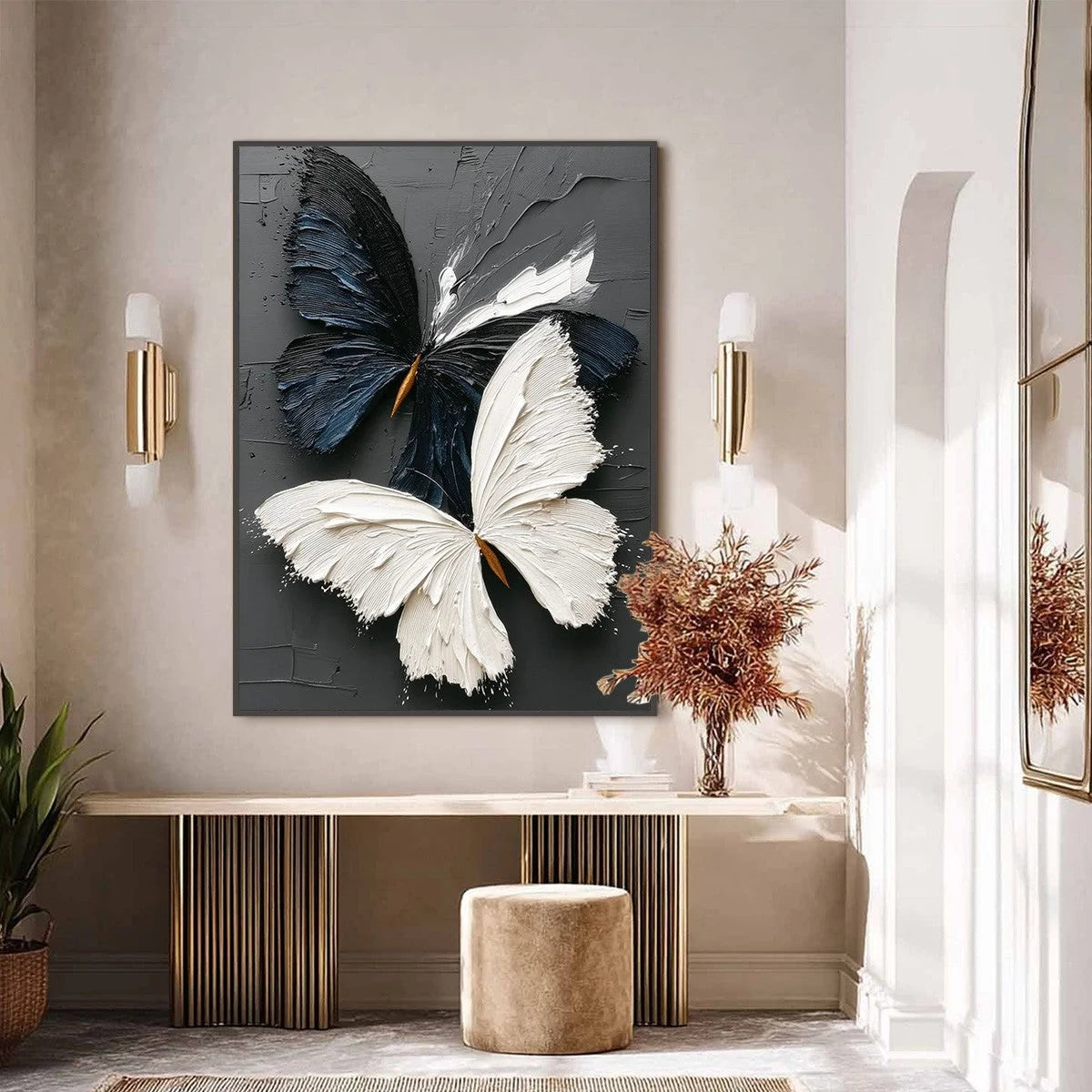DUALITY: Textured Impasto Black and White Butterfly Painting | gold frame stretched on neutral wall