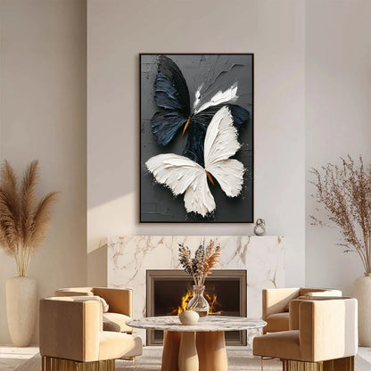 DUALITY: Textured Impasto Black and White Butterfly Painting | black frame version on white wall