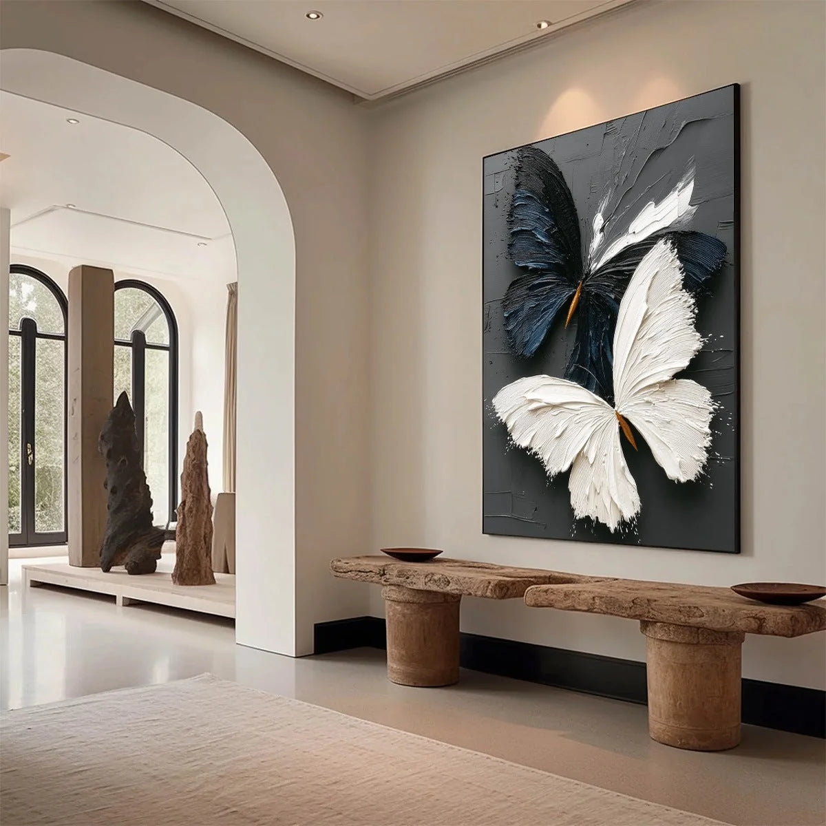 DUALITY: Textured Impasto Black and White Butterfly Painting | Abstract mood, soft natural light studio shot