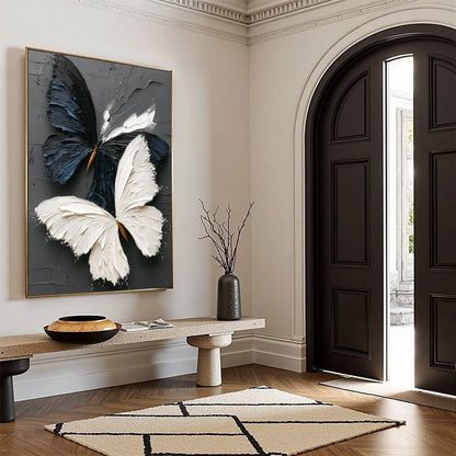 DUALITY: Textured Impasto Black and White Butterfly Painting | beige palette, original Hand-painted on premium stretched canvas using artist-grade oils; rich layered surface combines smooth gradien...