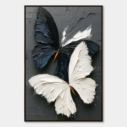 DUALITY: Textured Impasto Black and White Butterfly Painting | hanging in DUALITY: Textured Impasto Black and White Butterfly Painting featuring layered textured brushwork in refined tones; abstrac...
