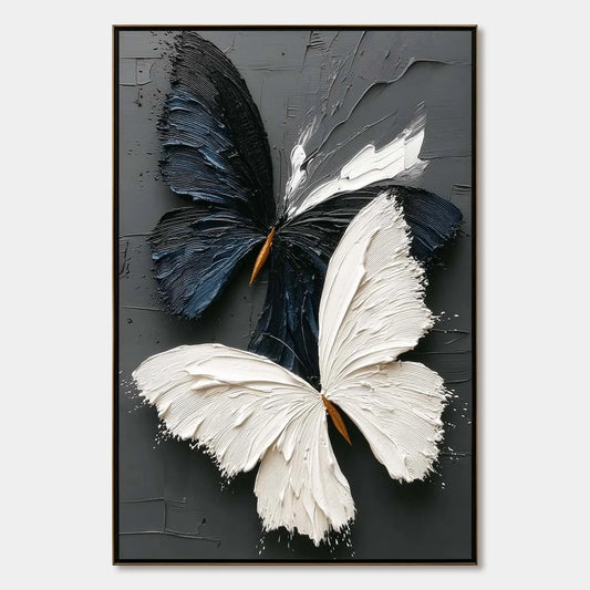 DUALITY: Textured Impasto Black and White Butterfly Painting | hanging in DUALITY: Textured Impasto Black and White Butterfly Painting featuring layered textured brushwork in refined tones; abstrac...