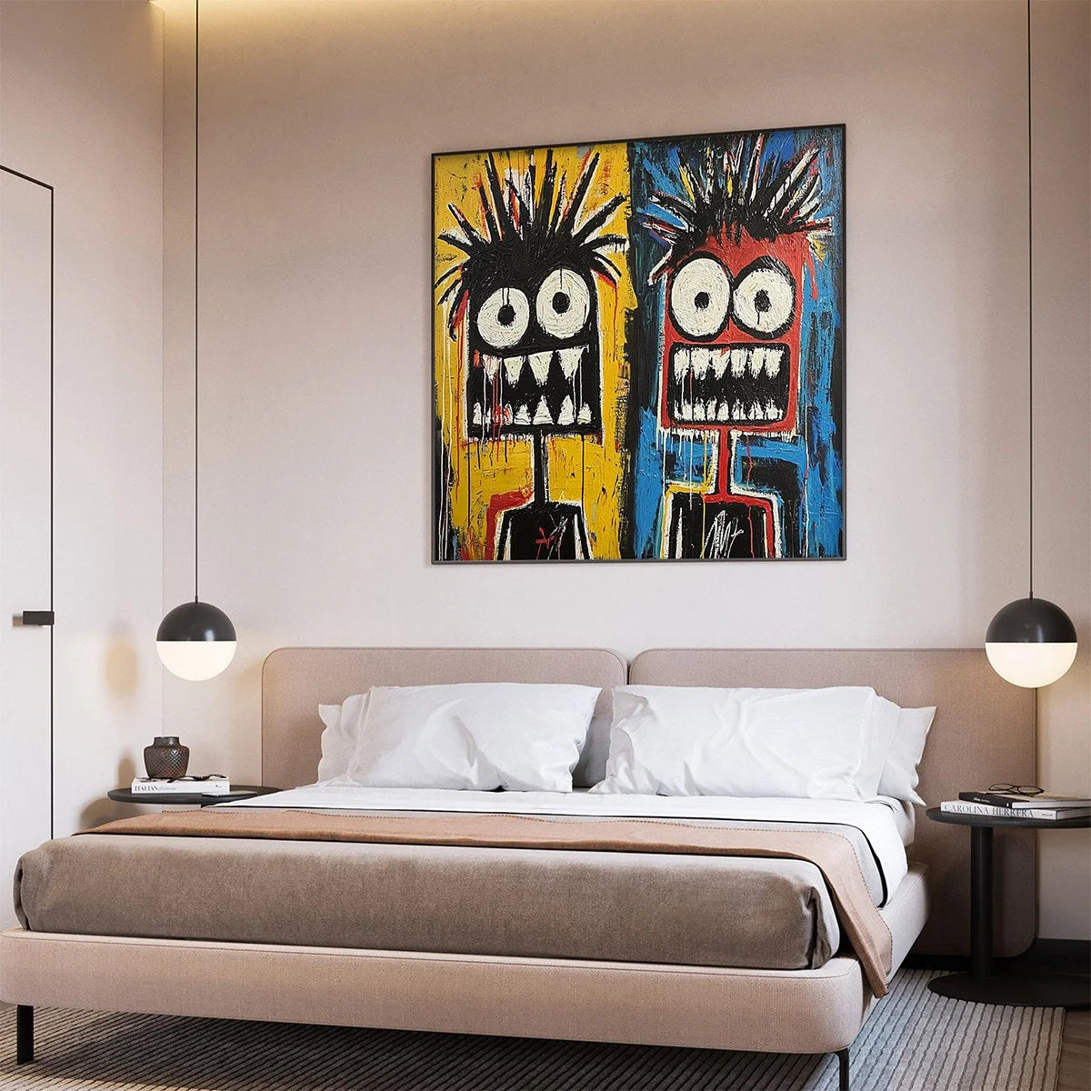DUALITY: Vibrant Abstract Portrait Oil Painting of Two Figures | gold frame stretched on neutral wall