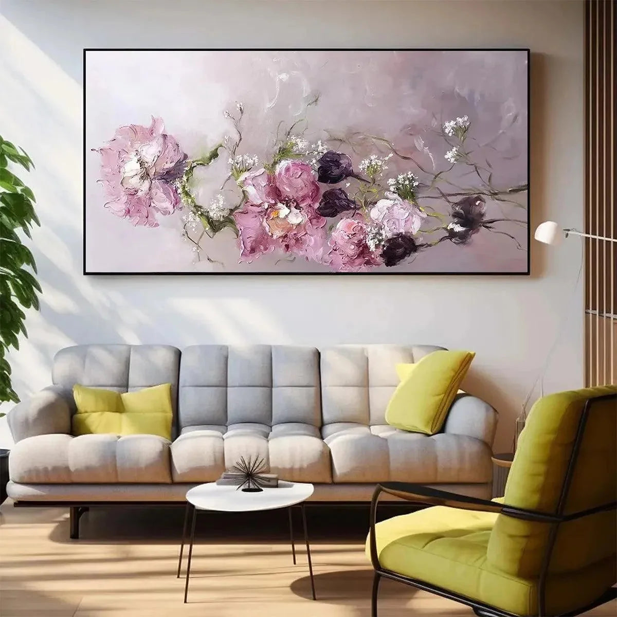 DUSK BLOSSOMS: Floral Painting, Panoramic Wall Art, Romantic Decor | Abstract closeup, raised brushwork detail