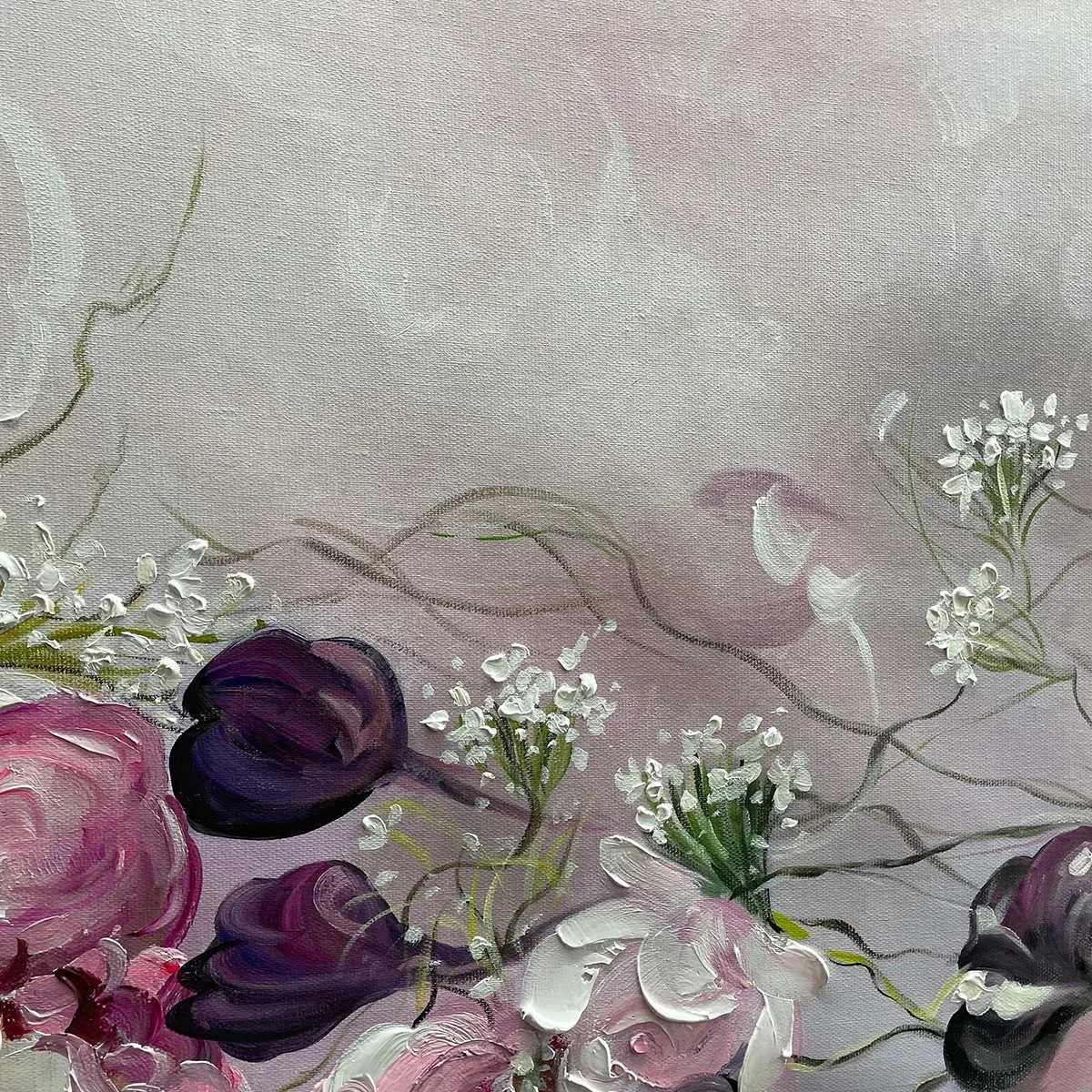 DUSK BLOSSOMS: Floral Painting, Panoramic Wall Art, Romantic Decor | rectangular format, hand-painted canvas edge