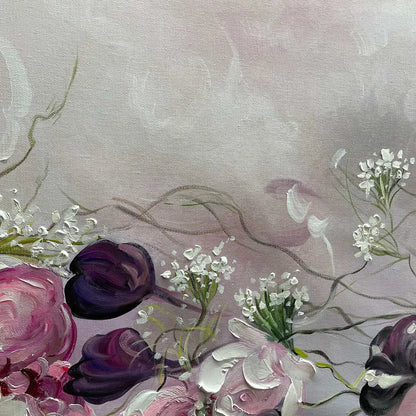 DUSK BLOSSOMS: Floral Painting, Panoramic Wall Art, Romantic Decor | rectangular format, hand-painted canvas edge