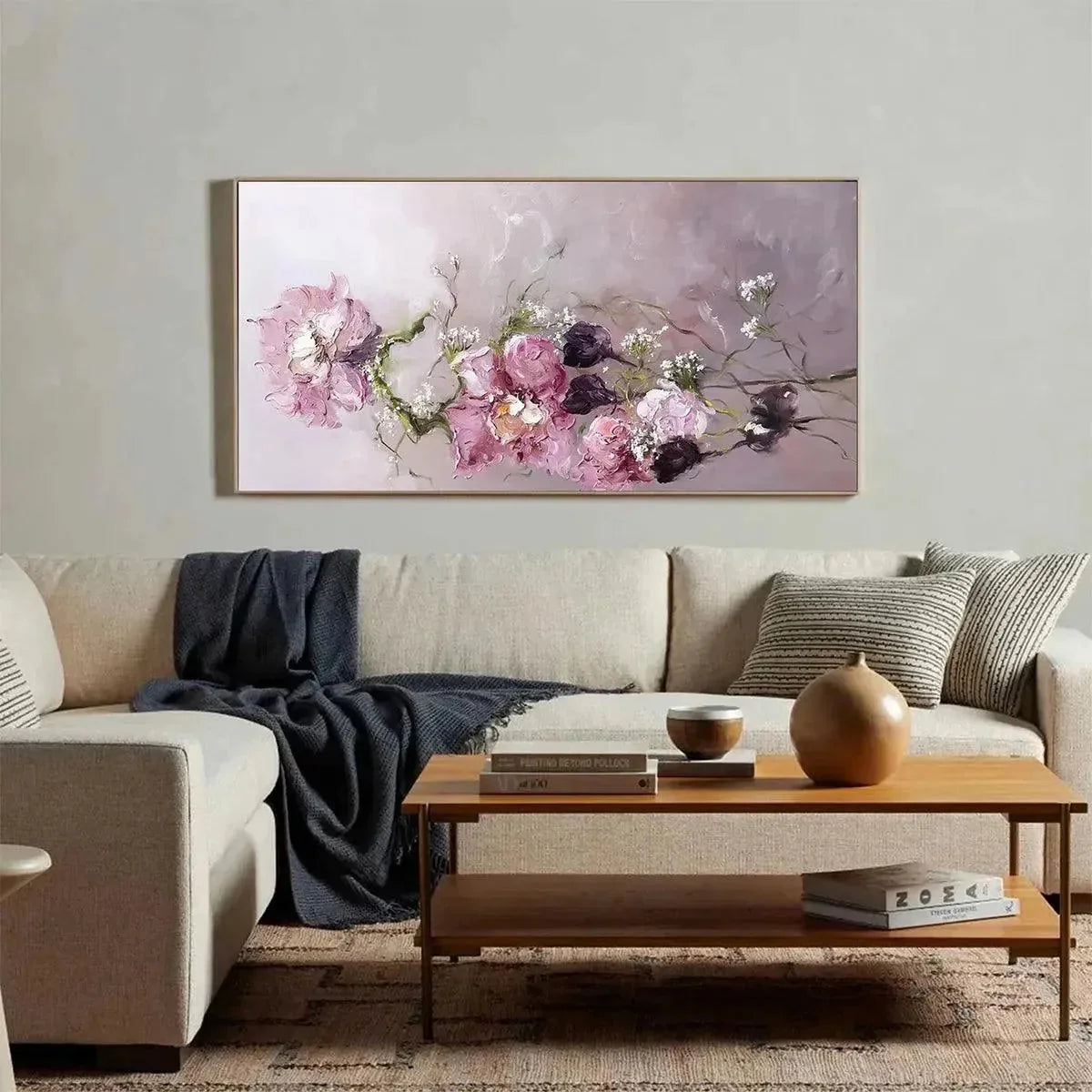 DUSK BLOSSOMS: Floral Painting, Panoramic Wall Art, Romantic Decor | gold frame stretched on neutral wall