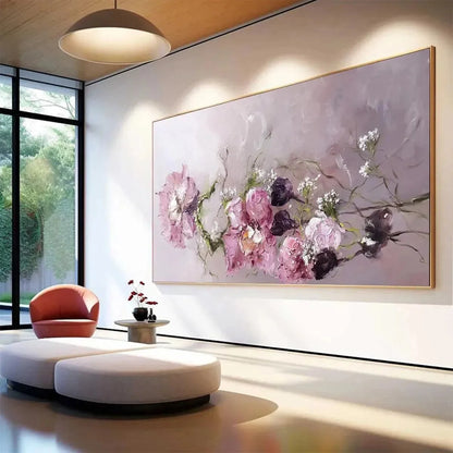 DUSK BLOSSOMS: Floral Painting, Panoramic Wall Art, Romantic Decor | rolled canvas, ready for custom framing