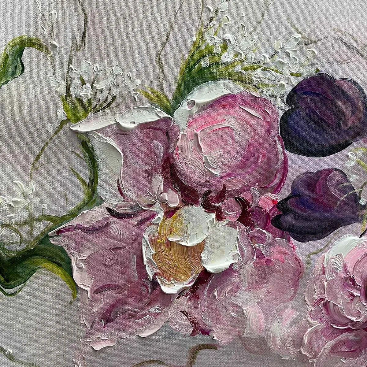 DUSK BLOSSOMS: Floral Painting, Panoramic Wall Art, Romantic Decor | black frame version on white wall