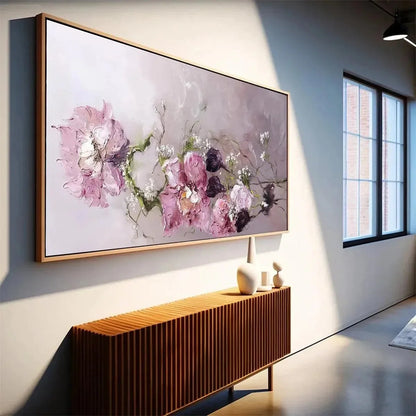 DUSK BLOSSOMS: Floral Painting, Panoramic Wall Art, Romantic Decor | Abstract mood, soft natural light studio shot