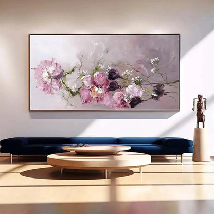 DUSK BLOSSOMS: Floral Painting, Panoramic Wall Art, Romantic Decor | beige palette, original Hand-painted on premium stretched canvas using artist-grade oils; rich layered surface combines smooth g...