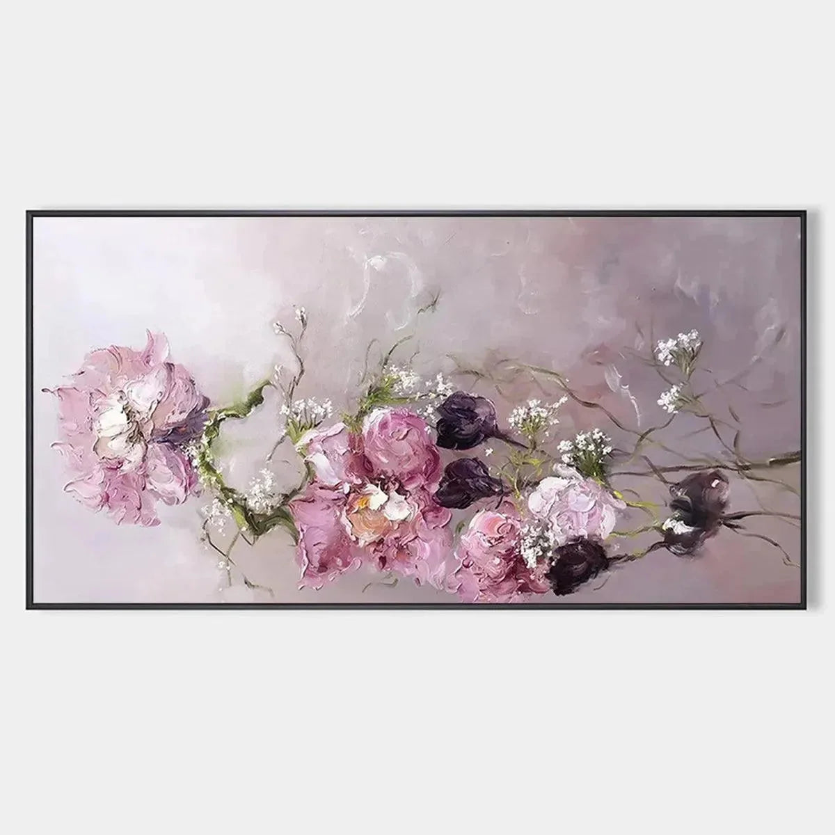 DUSK BLOSSOMS: Floral Painting, Panoramic Wall Art, Romantic Decor | hanging in DUSK BLOSSOMS: Floral Painting, Panoramic Wall Art, Romantic Decor featuring layered textured brushwork in refined to...