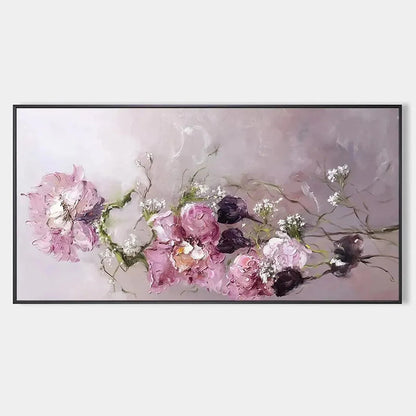 DUSK BLOSSOMS: Floral Painting, Panoramic Wall Art, Romantic Decor | hanging in DUSK BLOSSOMS: Floral Painting, Panoramic Wall Art, Romantic Decor featuring layered textured brushwork in refined to...