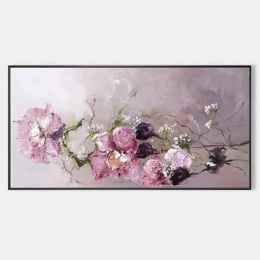 DUSK BLOSSOMS: Floral Painting, Panoramic Wall Art, Romantic Decor | hanging in DUSK BLOSSOMS: Floral Painting, Panoramic Wall Art, Romantic Decor featuring layered textured brushwork in refined to...