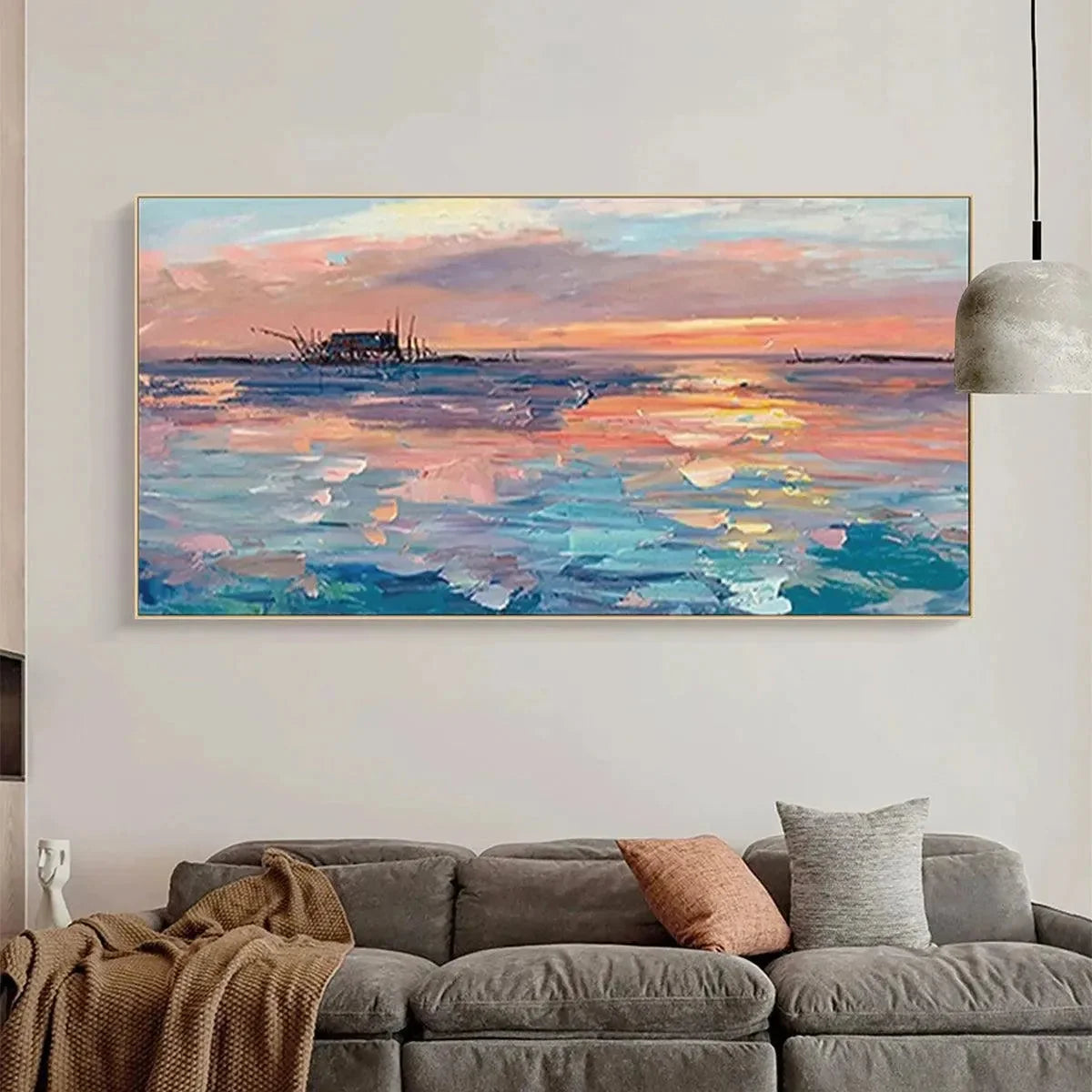 DUSK REFLECTIONS: Panoramic Coastal Sunset Painting, Minimalist Wall Art | Minimalist closeup, raised brushwork detail