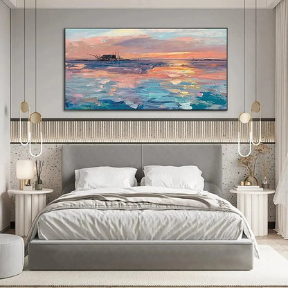 DUSK REFLECTIONS: Panoramic Coastal Sunset Painting, Minimalist Wall Art | rectangular format, hand-painted canvas edge