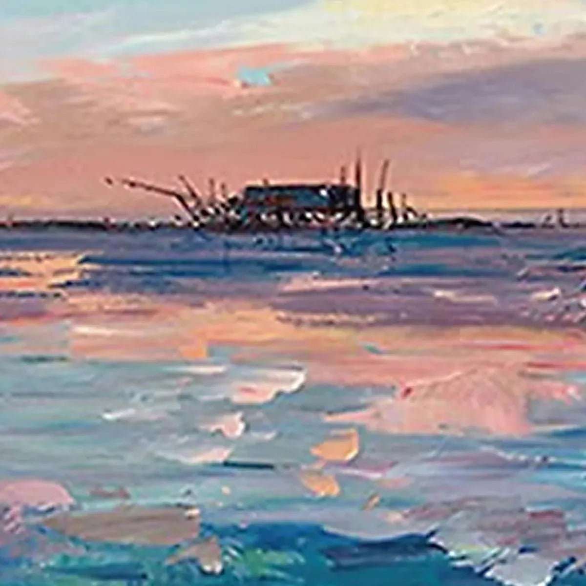 DUSK REFLECTIONS: Panoramic Coastal Sunset Painting, Minimalist Wall Art | gold frame stretched on neutral wall