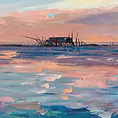 DUSK REFLECTIONS: Panoramic Coastal Sunset Painting, Minimalist Wall Art | gold frame stretched on neutral wall