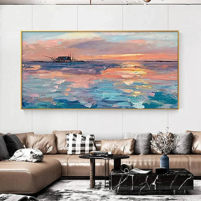 DUSK REFLECTIONS: Panoramic Coastal Sunset Painting, Minimalist Wall Art | rolled canvas, ready for custom framing