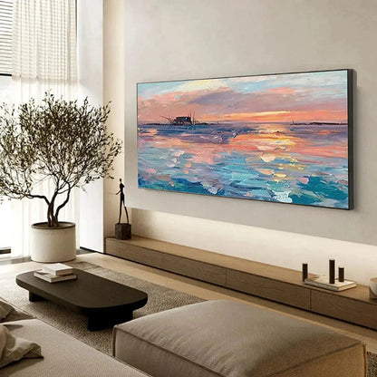DUSK REFLECTIONS: Panoramic Coastal Sunset Painting, Minimalist Wall Art | black frame version on white wall