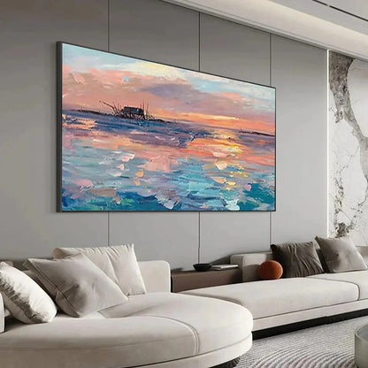 DUSK REFLECTIONS: Panoramic Coastal Sunset Painting, Minimalist Wall Art | Minimalist mood, soft natural light studio shot