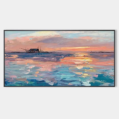 DUSK REFLECTIONS: Panoramic Coastal Sunset Painting, Minimalist Wall Art | hanging in DUSK REFLECTIONS: Panoramic Coastal Sunset Painting, Minimalist Wall Art featuring layered textured brushwork i...