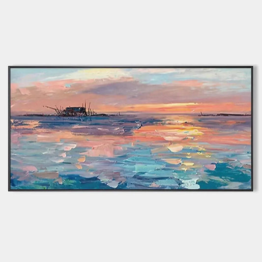 DUSK REFLECTIONS: Panoramic Coastal Sunset Painting, Minimalist Wall Art | hanging in DUSK REFLECTIONS: Panoramic Coastal Sunset Painting, Minimalist Wall Art featuring layered textured brushwork i...