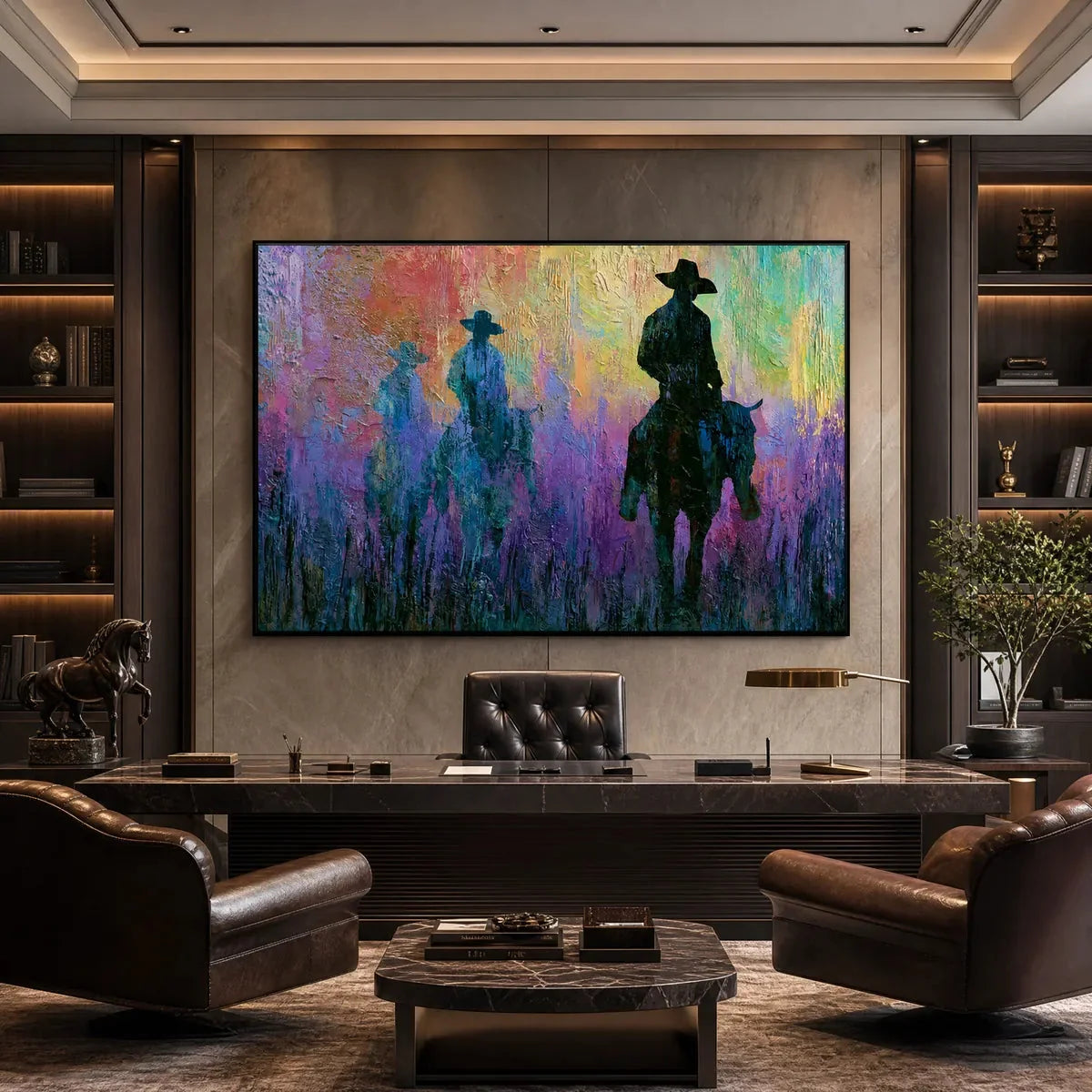 DUSK RIDERS: Colorful Abstract Western Impasto Oil Painting | Abstract closeup, raised brushwork detail