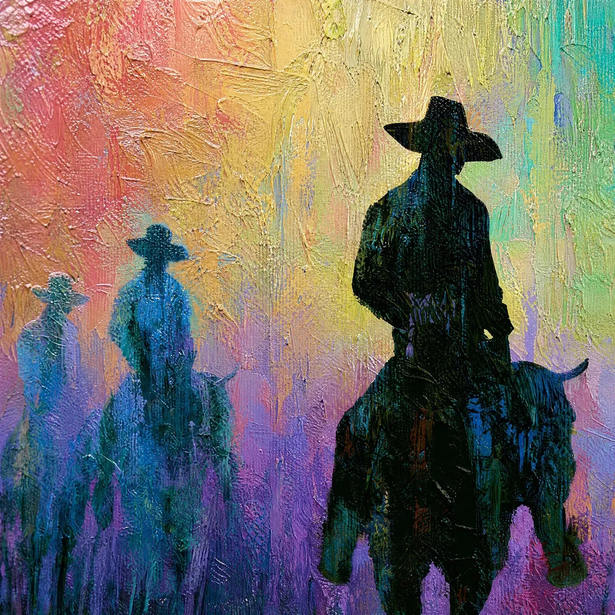 DUSK RIDERS: Colorful Abstract Western Impasto Oil Painting | rectangular format, hand-painted canvas edge