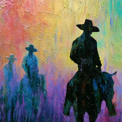 DUSK RIDERS: Colorful Abstract Western Impasto Oil Painting | rectangular format, hand-painted canvas edge