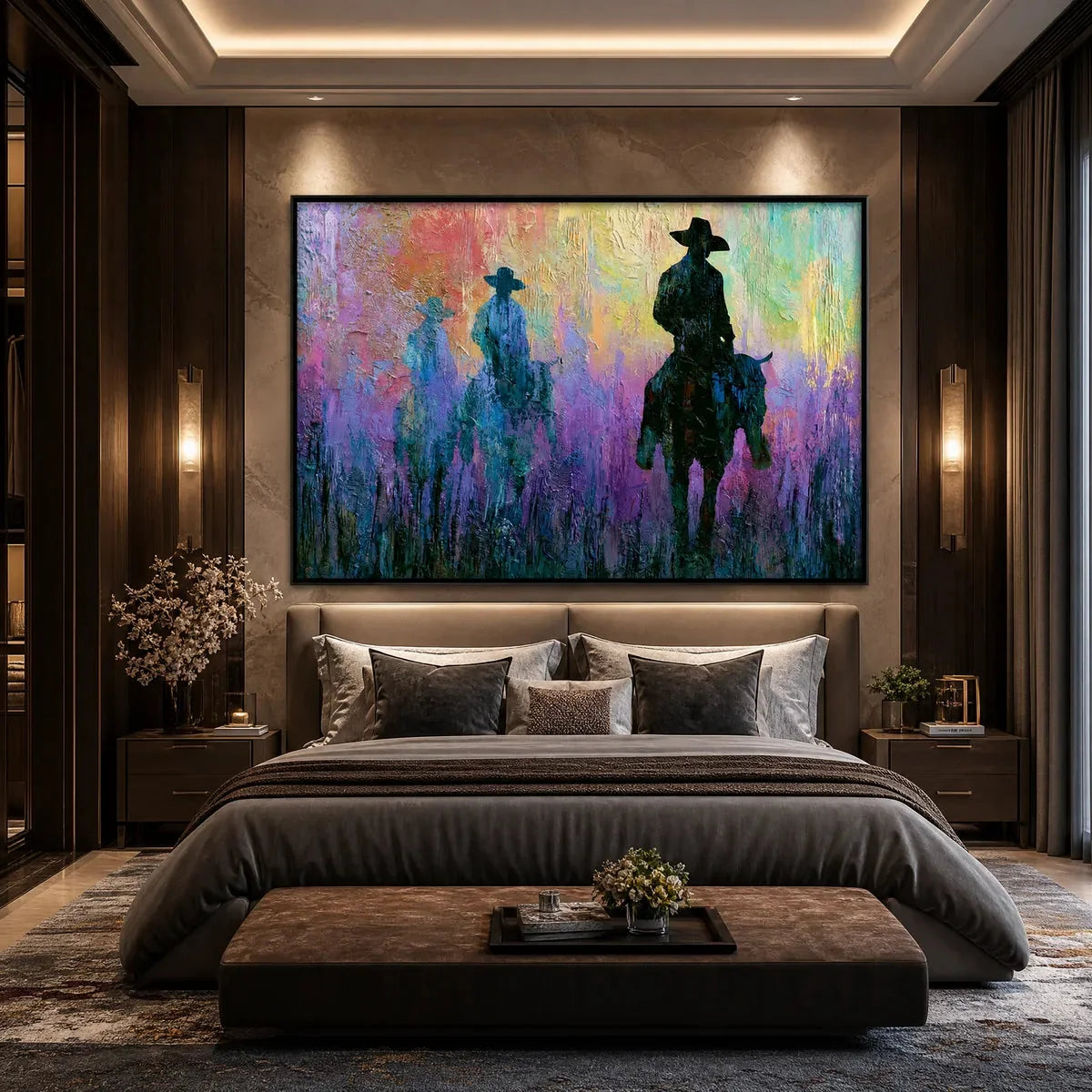 DUSK RIDERS: Colorful Abstract Western Impasto Oil Painting | gold frame stretched on neutral wall