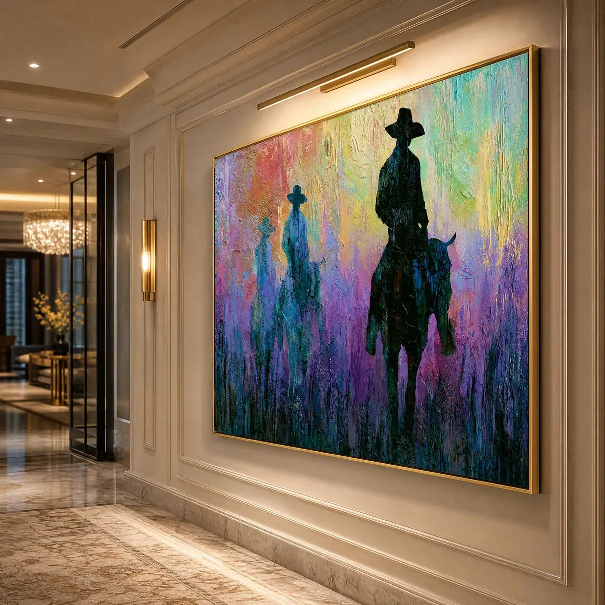 DUSK RIDERS: Colorful Abstract Western Impasto Oil Painting | rolled canvas, ready for custom framing