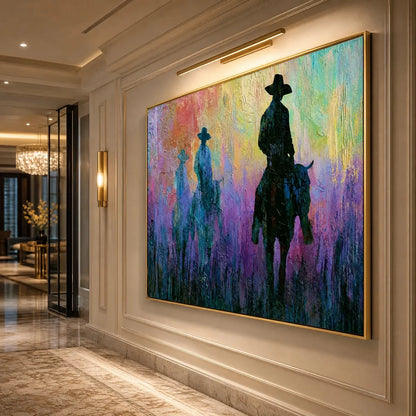 DUSK RIDERS: Colorful Abstract Western Impasto Oil Painting | rolled canvas, ready for custom framing