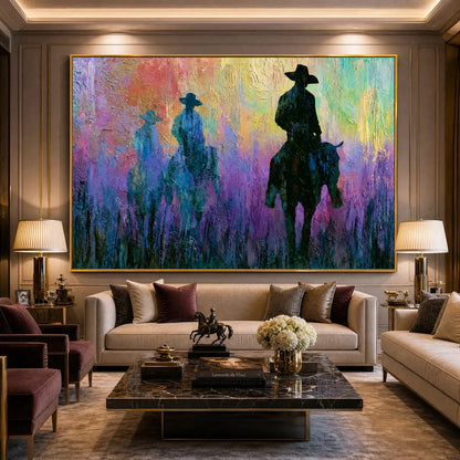DUSK RIDERS: Colorful Abstract Western Impasto Oil Painting | black frame version on white wall