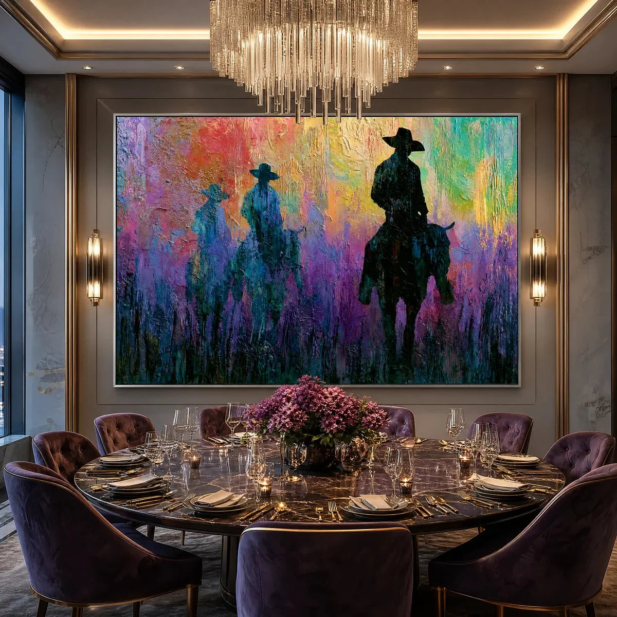 DUSK RIDERS: Colorful Abstract Western Impasto Oil Painting | Abstract mood, soft natural light studio shot
