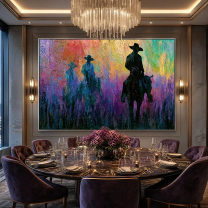 DUSK RIDERS: Colorful Abstract Western Impasto Oil Painting | Abstract mood, soft natural light studio shot