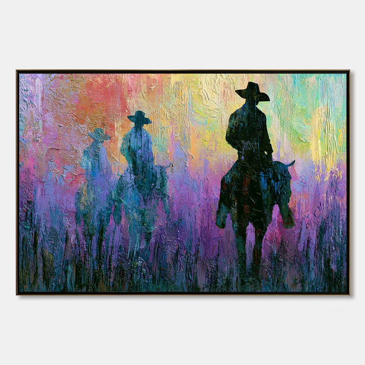 DUSK RIDERS: Colorful Abstract Western Impasto Oil Painting | hanging in DUSK RIDERS: Colorful Abstract Western Impasto Oil Painting featuring layered textured brushwork in refined tones; abstract ...