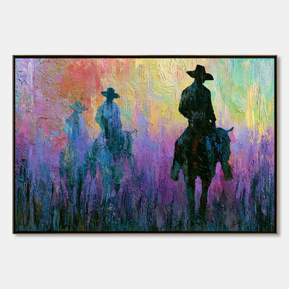 DUSK RIDERS: Colorful Abstract Western Impasto Oil Painting | hanging in DUSK RIDERS: Colorful Abstract Western Impasto Oil Painting featuring layered textured brushwork in refined tones; abstract ...
