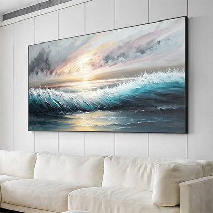 DUSK TIDE: Ocean Waves Seascape Oil Painting | gold frame stretched on neutral wall