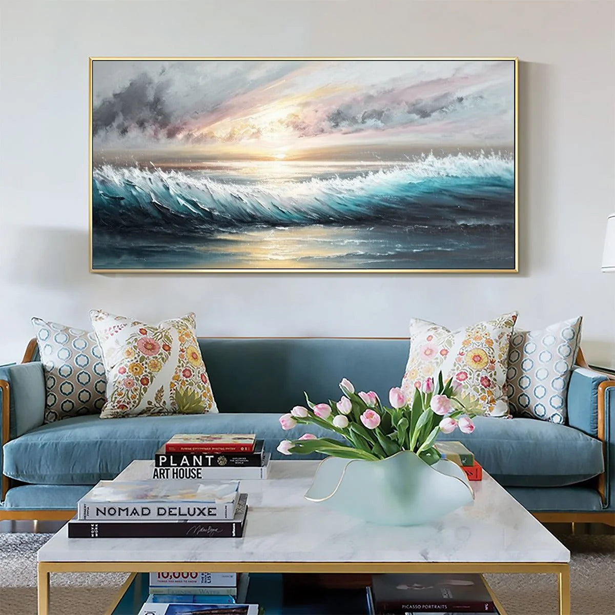 DUSK TIDE: Ocean Waves Seascape Oil Painting | black frame version on white wall