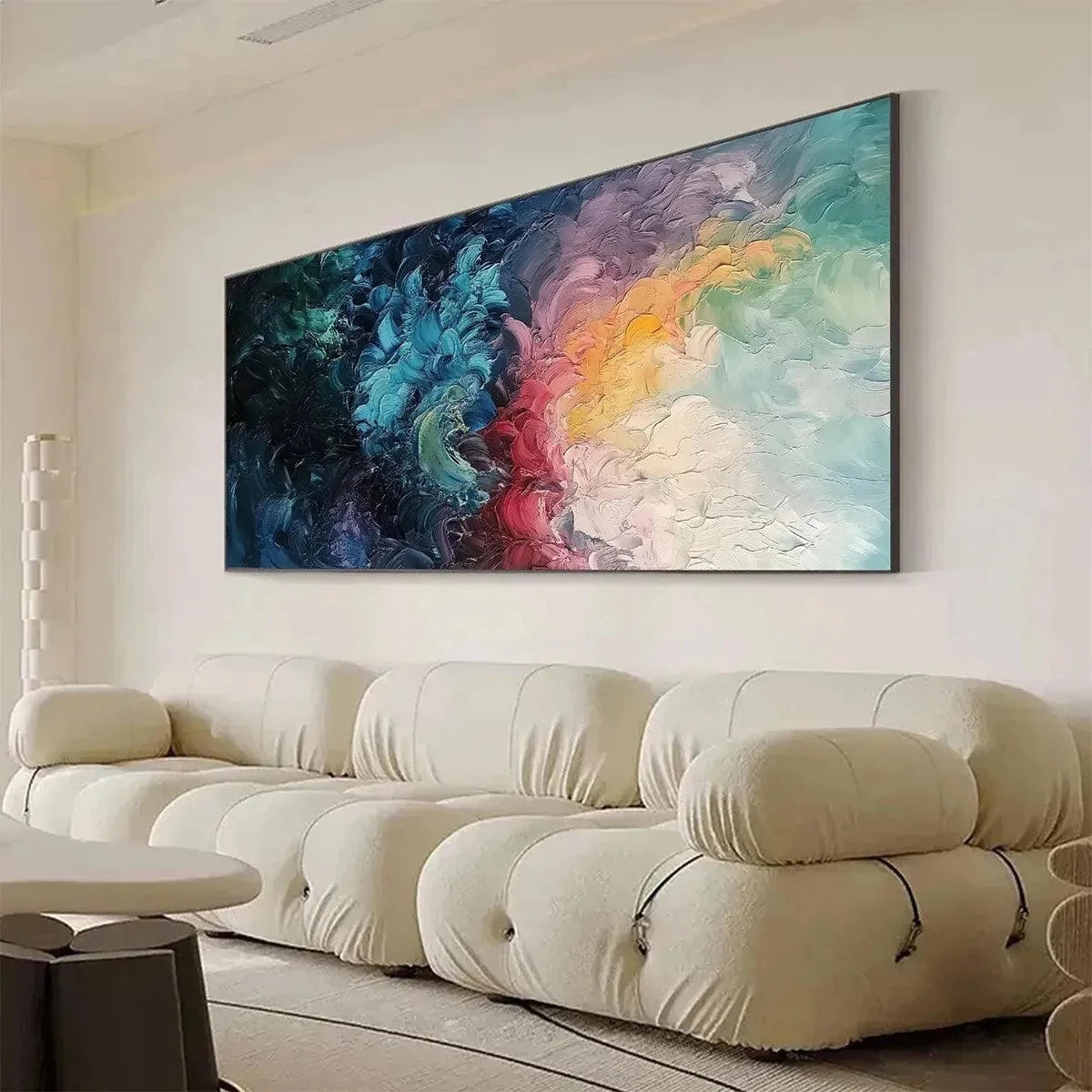 DUSK WHISPERS: Textured Abstract Impasto Oil Painting | gold frame stretched on neutral wall