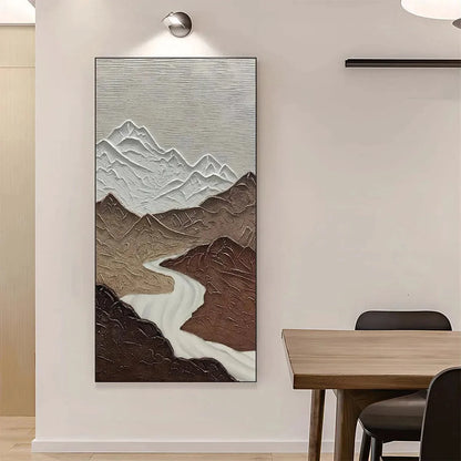 EARTH RIVER: Textured Brown and White Mountain River Landscape Painting | Landscape closeup, raised brushwork detail