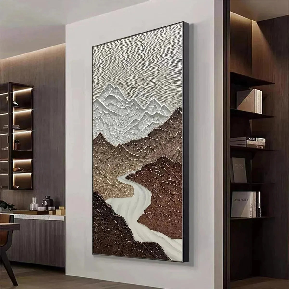 EARTH RIVER: Textured Brown and White Mountain River Landscape Painting | gold frame stretched on neutral wall