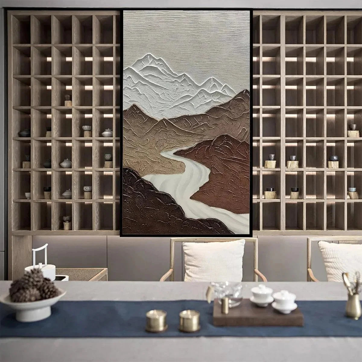 EARTH RIVER: Textured Brown and White Mountain River Landscape Painting | black frame version on white wall