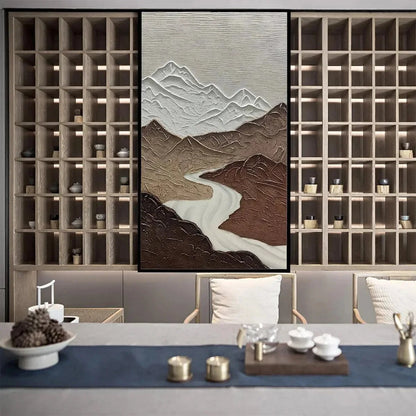 EARTH RIVER: Textured Brown and White Mountain River Landscape Painting | black frame version on white wall
