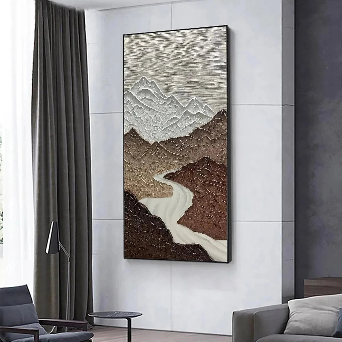 EARTH RIVER: Textured Brown and White Mountain River Landscape Painting | Landscape mood, soft natural light studio shot