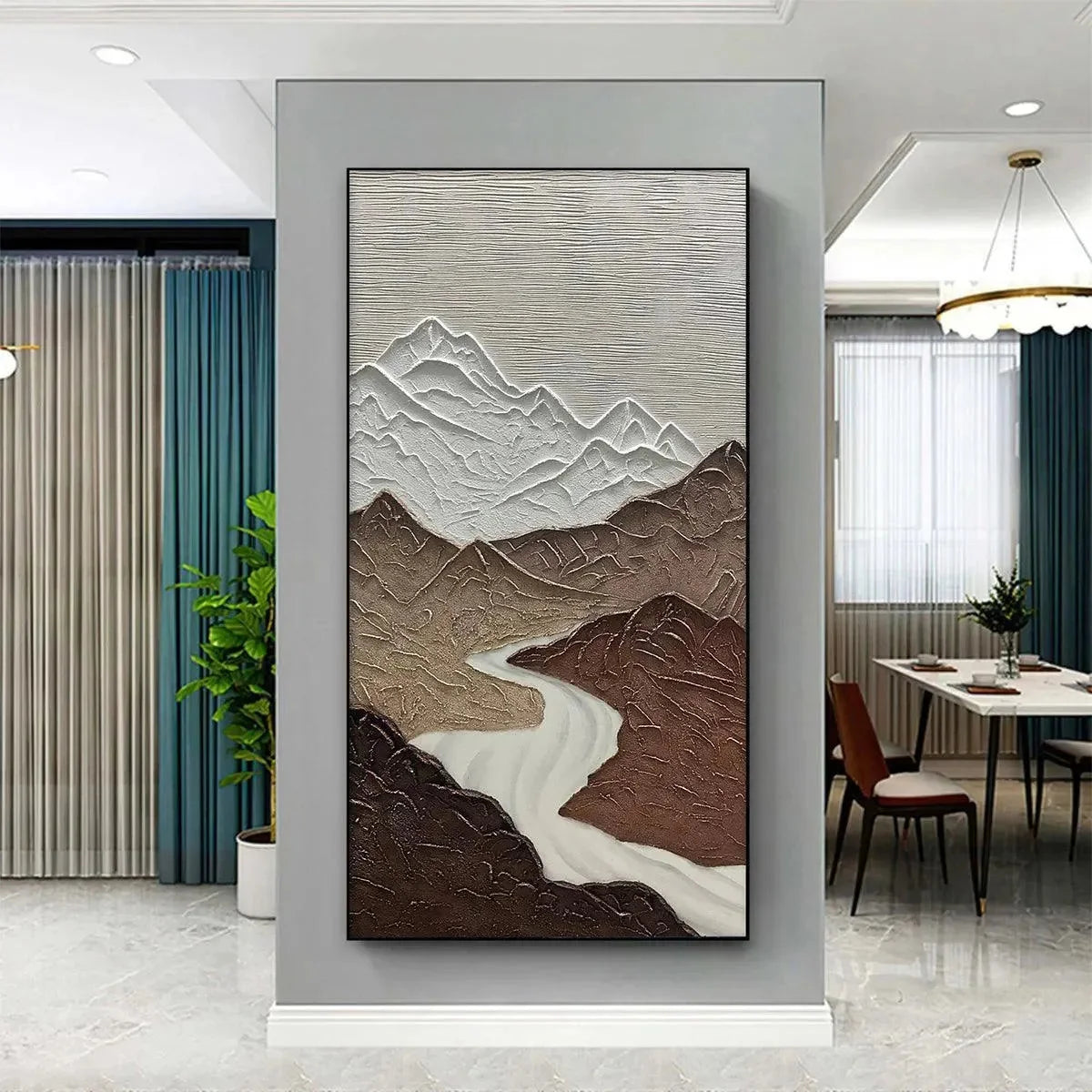 EARTH RIVER: Textured Brown and White Mountain River Landscape Painting | green palette, original Hand-painted on premium stretched canvas using artist-grade oils; rich layered surface combines smo...